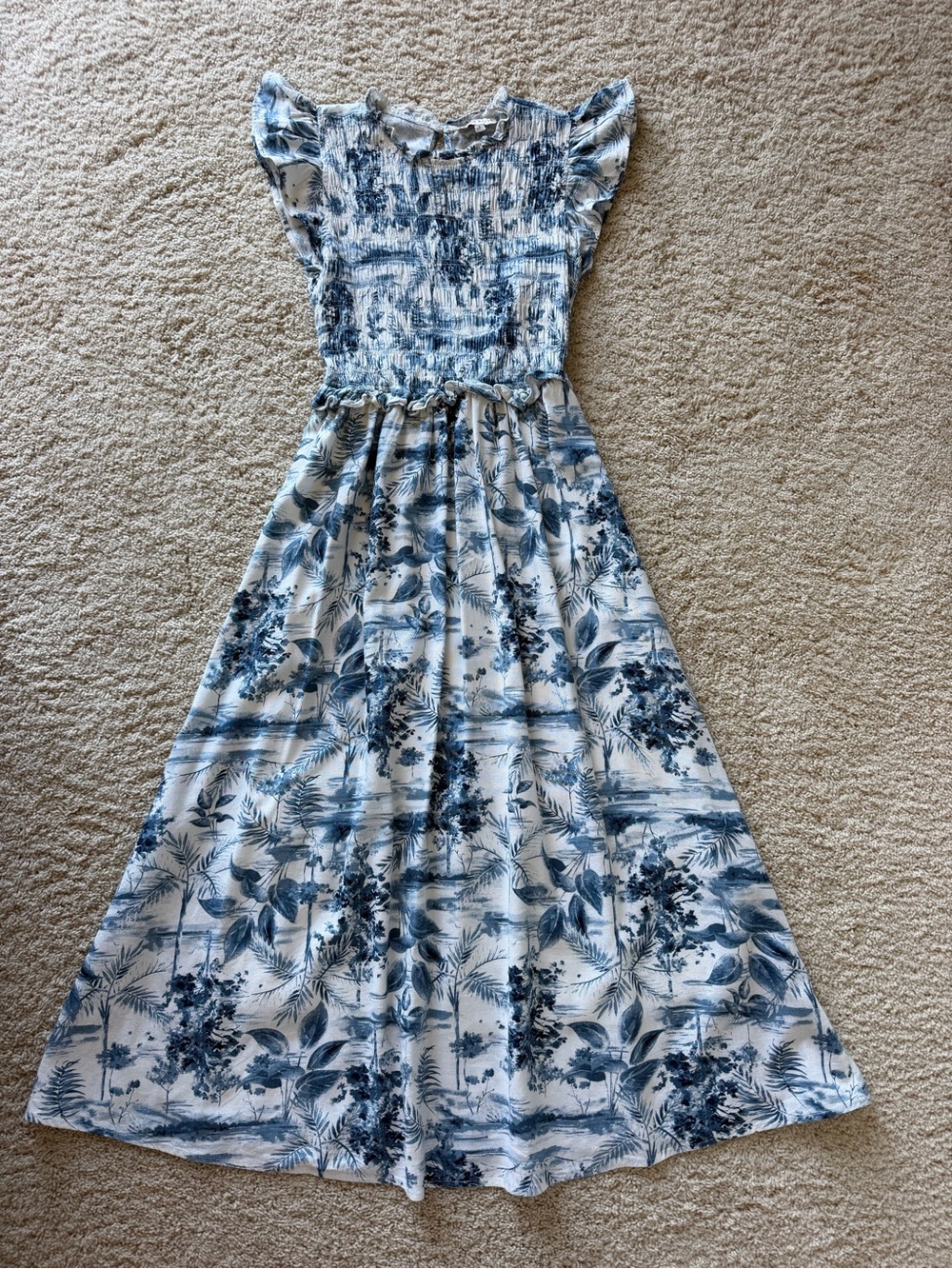 Moon River Blue and White Floral Maxi Dress with Smocked Bodice